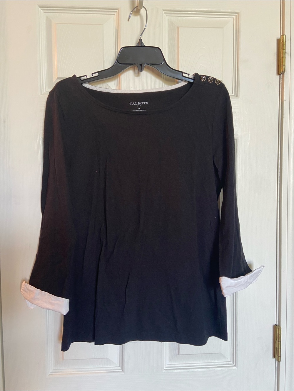 Talbots Black Boatneck 3/4 Sleeve Top with Shoulder Buttons on one side